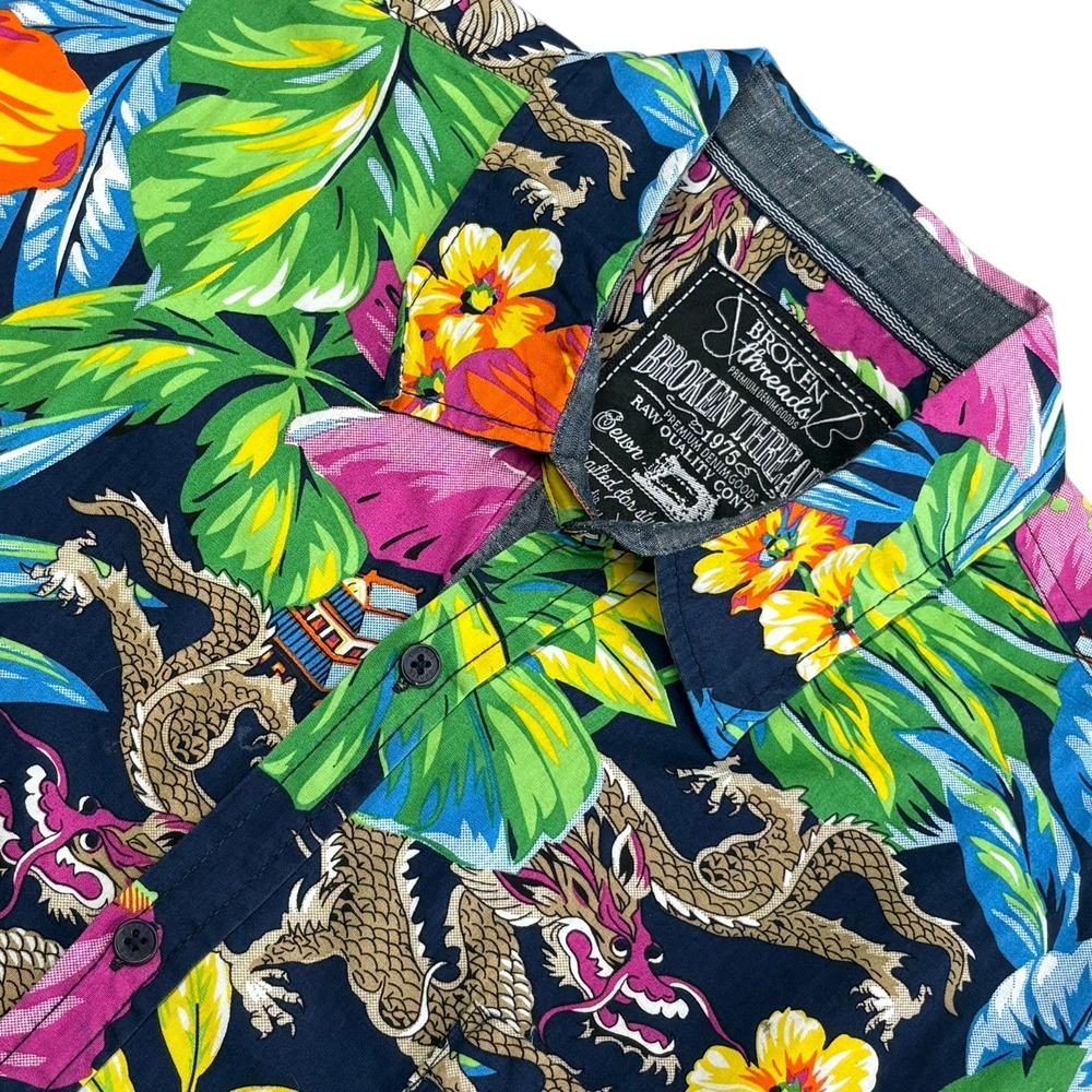 Broken Threads Hawaiian‎ Shirt Mens XL Multicolor Dragon Short Sleeve Floral